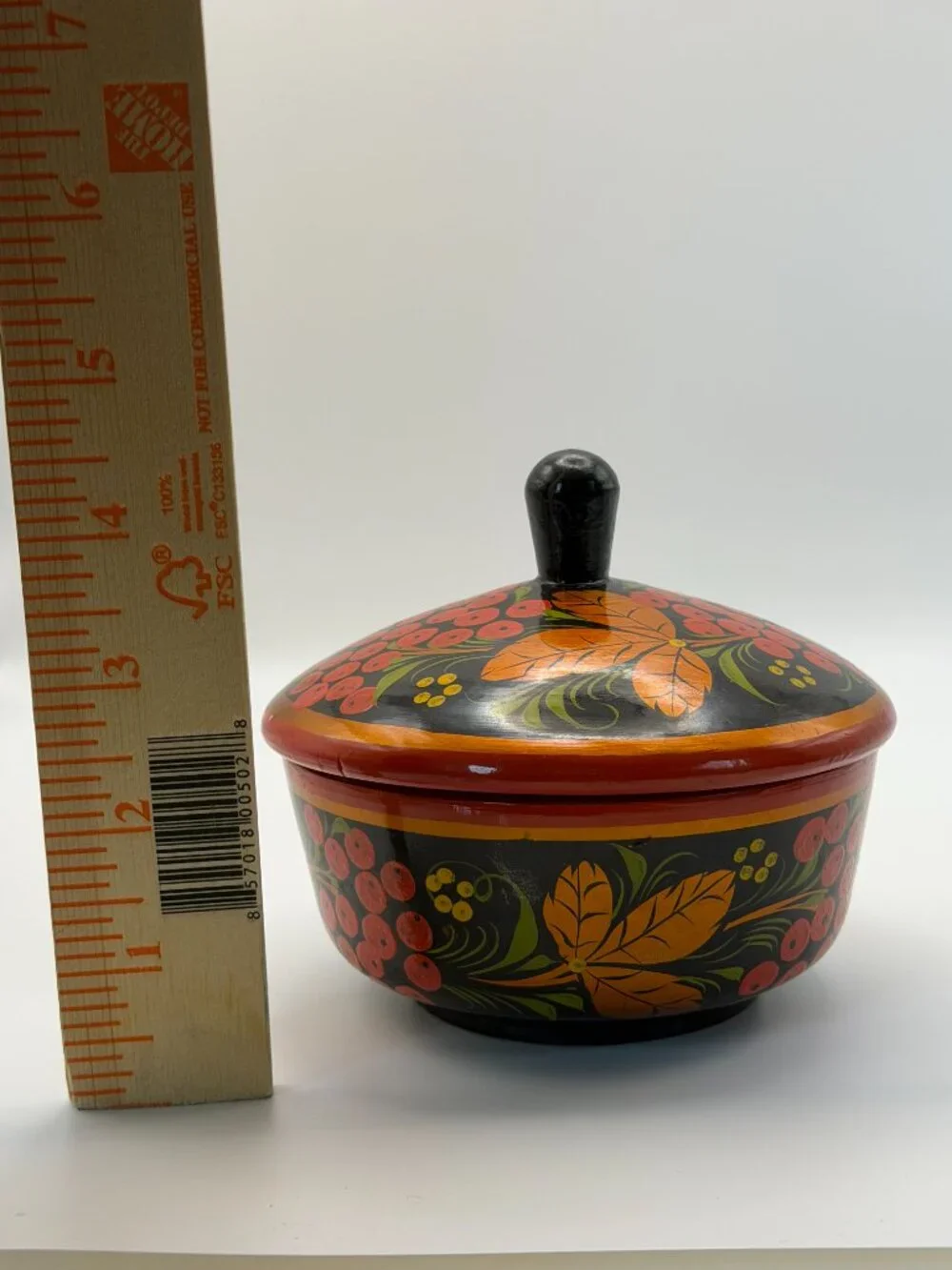 Vintage Russian Khokhloma Hand Painted Wooden Lidded Bowl Folk Art Black Red